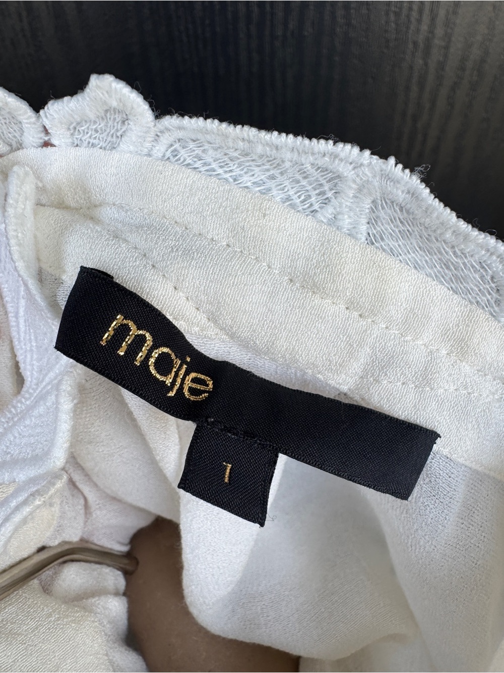 Maje White Lace-Collar Button Down Blouse with Black Tie - Picture 7 of 7
